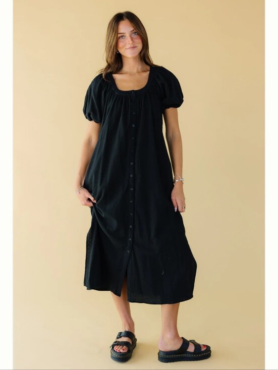 Called To Surf Dresses & Skirts - Called To Surf Black Button-Front Puff Sleeve Midi Dress